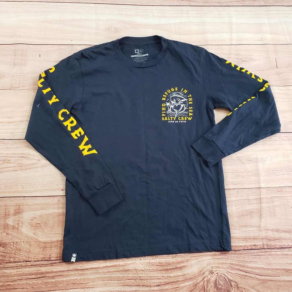 Salty Crew Shirt Mens Small Blue Yellow Outdoor Saltwater Fishing Logo Adult